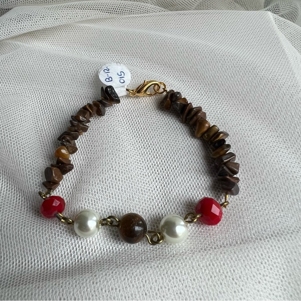 Genuine Tiger Eye Gemstone Faux Pearl & Red Crystal Bracelet - Handmade NWT - Picture 5 of 5